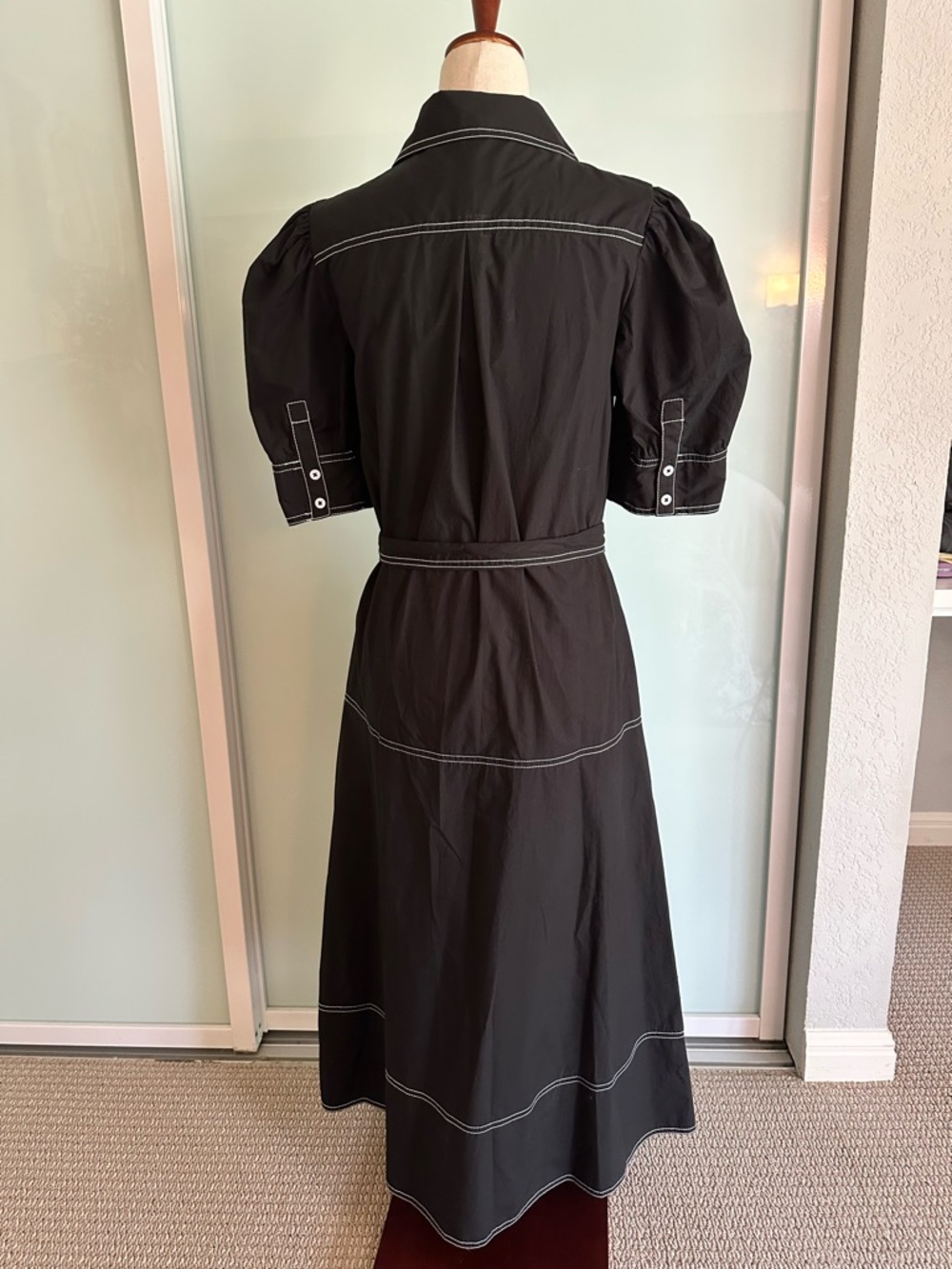 New w tags. Cotton, Black Button-Front Shirt Dress with White Contrast Stitching - Picture 3 of 7